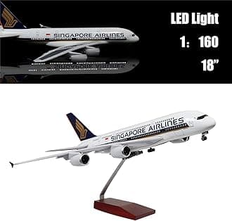 18” 1:160 Airplane Model Singapore Airbus 380 Model Plane with LED Light(Touch or Sound Control) for Decoration or Gift