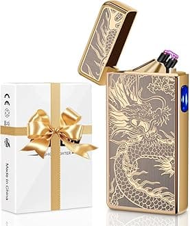 LcFun Electric USB Rechargeable Lighter, Windproof Plasma Dual Arc Lighter, Electronic Flameless Cool Lighters Gifts for Men Fathers Husband (Gold Dragon)