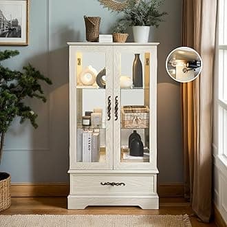 47" Lighted Glass Accent Curio Cabinet, 3-Tier Antique Storage Cage with Adjustable Shelves & Drawer, Acrylic Mirrored Pane, Light Blub Included, Small China Cabinet for Living Room (Antiqe White)