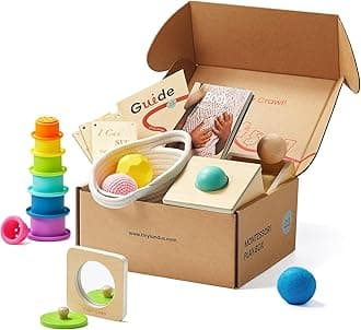 Montessori Toy Set for Babies 7-9 Months Senser Play Kit - 5-in-1 Wooden Learning Toys with Object Permanence Box, Sensory Ball, Stacking Cups and Mirror Puzzle,Body Board Book