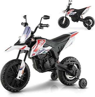 Kids Electric Motorbike, 12V Aprilia RX125 Ride on Motorcycle Dirt Bike with Training Wheels Spring Suspension, Battery Powered Off Road Toy with Bluetooth Lights (White)