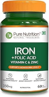 Pure Nutrition Iron Folic Acid Supplement - 60 Veg Tablets with Zinc, Vitamin C & Vitamin B12 for Men & Women | Supports Haemoglobin Production, Boosts Immunity & Maintains Iron Level
