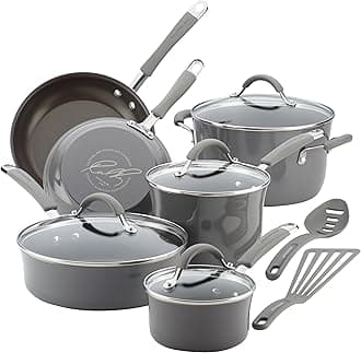 Rachael Ray Cucina Porcelain Nonstick Cookware Set, 1-quart and 3-quart saucepans with lids 6-quart stockpot, 3-quart saute pan , 12 Piece (Grey)