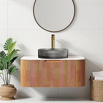 30" Floating Bathroom Vanity with Sink, Modern Bathroom Cabinet with Transparent Black Glass Basin and Ultra-Thin Marble Top, Extra Large Storage Drawer, Soft-Close Design, Nature Wood