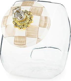 Cookie Jar with Enamel Lid, Large Glass Treat Jar or Kitchen Jar, 1-Gallon Capacity, Brown-and-White Mocha Check