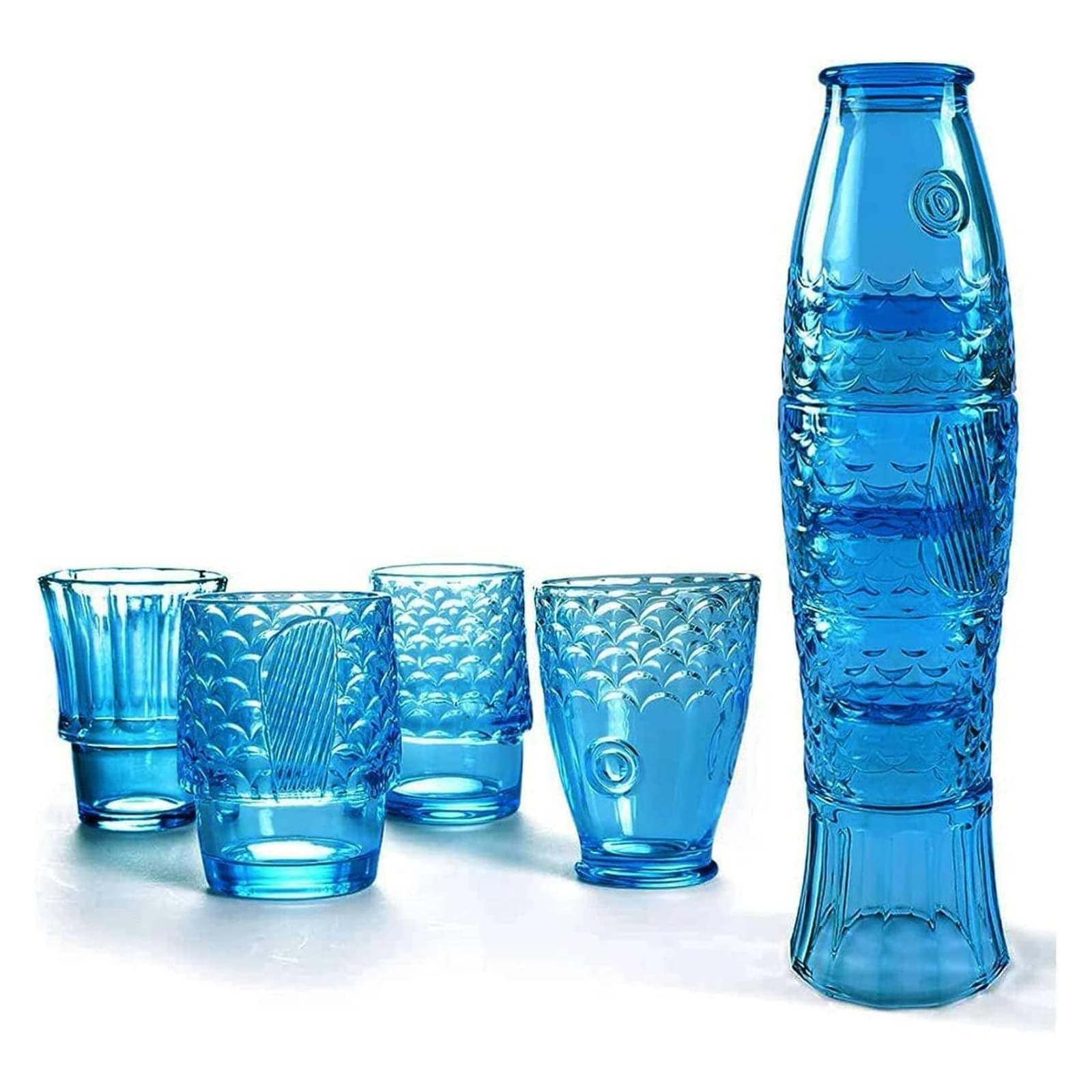 Koi Fish Design Drinking Glasses, Stackable, Colored Beverage Glass, Nautical Glassware for Beverage, Fish Shaped Glasses Drinking for Home Decor, Set of 4, Blue