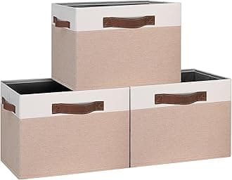 GhvyenntteS Large Fabric Storage Bins with 3 Handles, 15x11x9.6 Inch Storage Baskets for Shelves, Foldable Closet Storage Bins for Shelves, Closet Organizers and Storage Boxes, Beige Yellow&White
