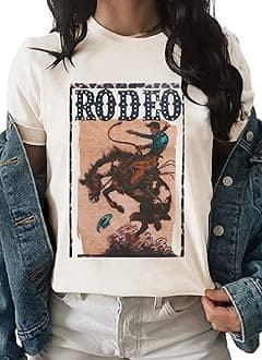 Womens Western Graphic Cowgirls Shirt Rodeo Print Tops Short Sleeve Cowboy Tops