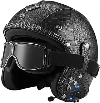Retro Open Face Motorbike Helmet with Bluetooth, Leather Jet Helmet with Personalized Goggles, DOT Approved 3/4 Motorcycle Half Helmet, Crash Helmet for Adult Men and Women