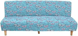 Mateju Armless Sofa Bed Cover, Butterfly Pattern Folding Sofa Bed without Armrests, Non Slip Stretch Futon Slipcover Protector for 2-3 Seater, Washable Couch Bed Slipcovers (blue,160-190cm)