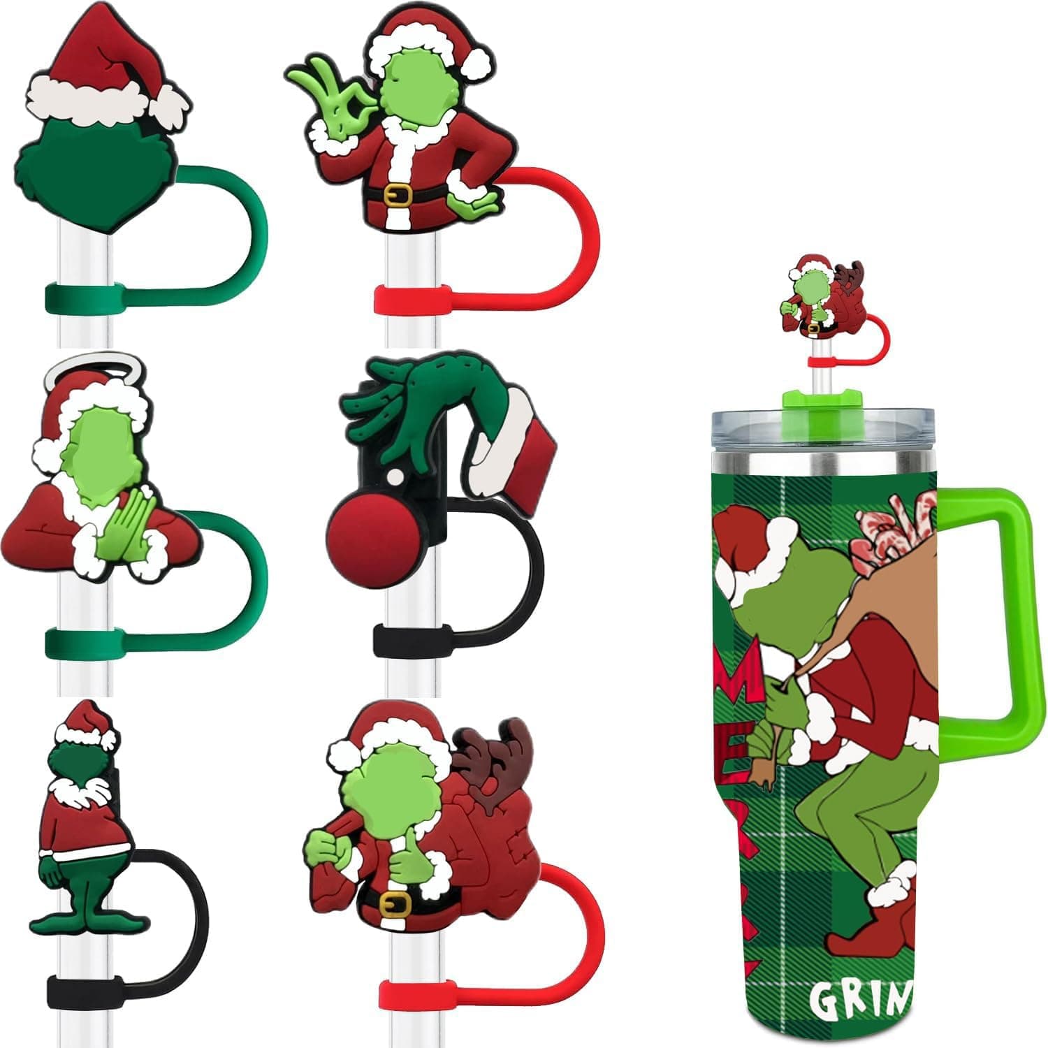 Haundry 6-Pack Straw Covers Cap Compatible with Stanley Cup 30 40 oz, Cute Silicone Grinch Drinking Straw Topper Including 6 Patterns, Funny Tumbler Accessories Perfect for Festival