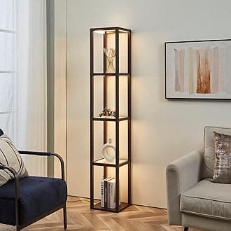 FENLO Fantasy 66" Luxury Glass Display Shelf with Dimmable LED Floor Lamps, Sturdy Glass Shelves for Bedroom, Curio Cabinet with Glass Bookshelf, Floor Lamp with Shelves - Brown