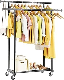 HYSEYYDouble Rods Clothes Rack, Rolling Clothing Rack for Hanging Clothes Portable Wardrobe Rack, Metal Garment Rack Sturdy Coat Rack for Bedroom Laundry Living Room, Black2
