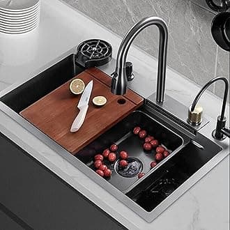 30 x 18 x 9 inches Waterfall Kitchen Sink with ANTI SCRATCH HONEYCOMB DESIGN Integrated Waterfall and Pull-down Faucet Set/304 Grade Stainless Steel Sink with Cup washer and Drain Baskets.