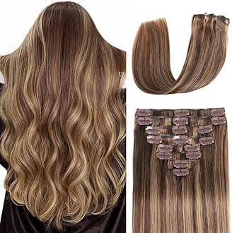 Clip in Hair Extensions Real Human Hair 3.4oz/90g Clip ins 100% Human Hair Extension for Women 8pcs Per Set with 18 Clips Double Weft (14 Inch #4/27 Chocolate Brown to Honey Blonde)