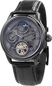 Mens 44mm Longitude Dual Time Automatic Skeleton Watch with Genuine Leather Strap ES-8063