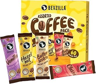 - Bevzilla 60 Instant Coffee Powder Sachets (4 Flavours) 120 Grams|Hazelnut,Classic,Vanilla & Butterscotch|15 Pouches Each Flavour|Arabica Coffee|Perfect for Espresso,Latte,Cappuccino|Hot & Cold Brews