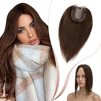 Elailite Hair Topper for Women Human Hair Thinning Hair - 100% Real Hair Extensions Clip in Toupee MIDDLE SILK BASE Crown Hair Piece (#04 Medium Brown, 10 Inch)