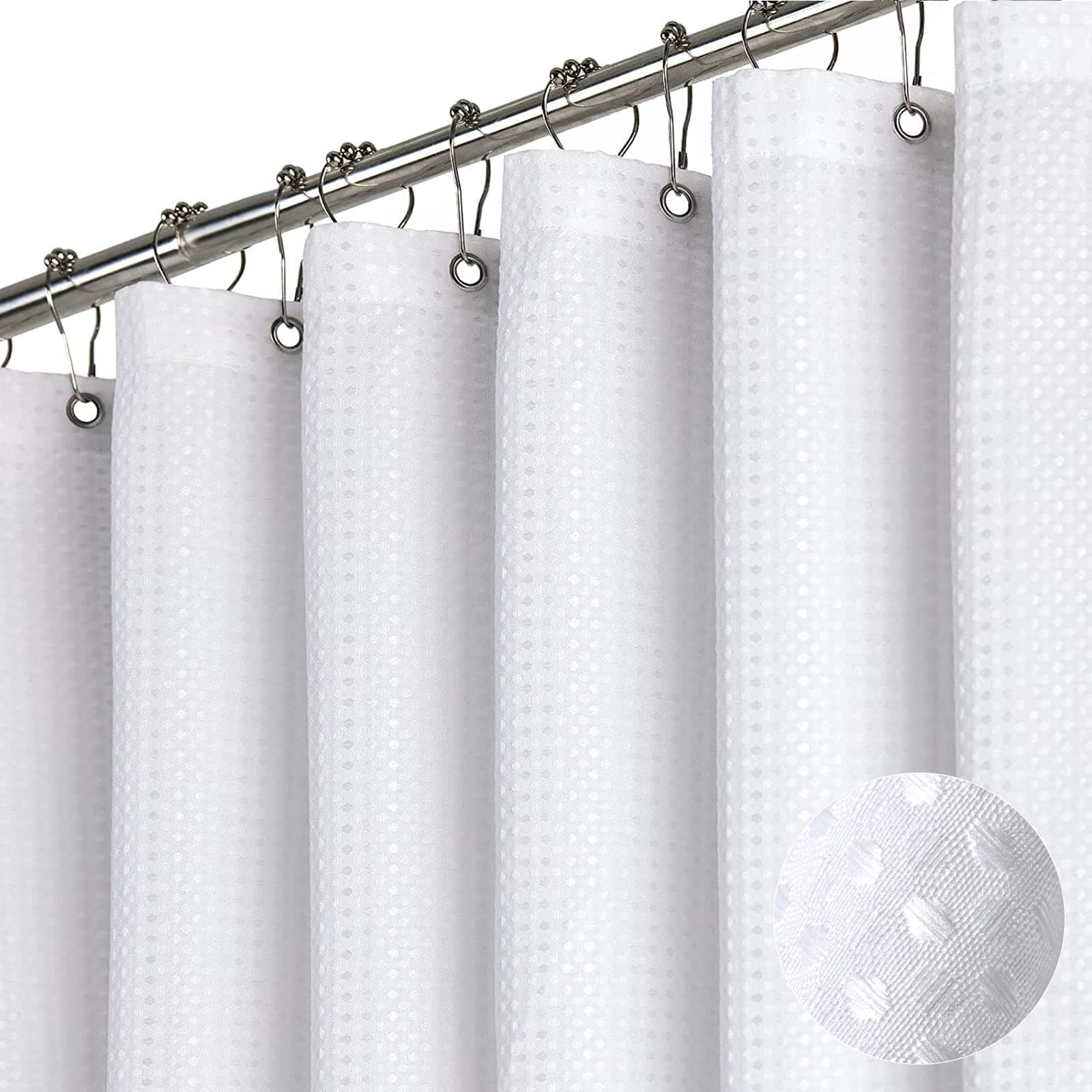 White Fabric Shower Curtain， Waffle Weave Heavy Duty Hotel Luxury Cloth Shower Curtains for Bathroom, 72 Inch 256GSM Weighted Bath Curtain Set with 12 Plastic Hooks,72x72