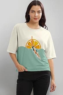 Beige Printed Loose Fit Crew-Neck Crop T-Shirt for Women