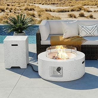 COSIEST 2-Piece Outdoor Propane Fire Pit Table Set w Tank Table, 28" Terrazzo Round Fire Table (Certified, 40,000 BTU) w 16" Tank Cover Side Table 20lb, Wind Guard, Rain Cover for Garden, Pool