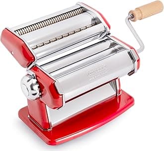 Pasta Maker Machine, Red- 100% Made in Italy, Heavy Duty Steel Construction, Easy Lock Dial Wood Grip Handle & Cleaning Brush- Fresh Homemade Italian Spaghetti Fettuccine Lasagna, Classic Line