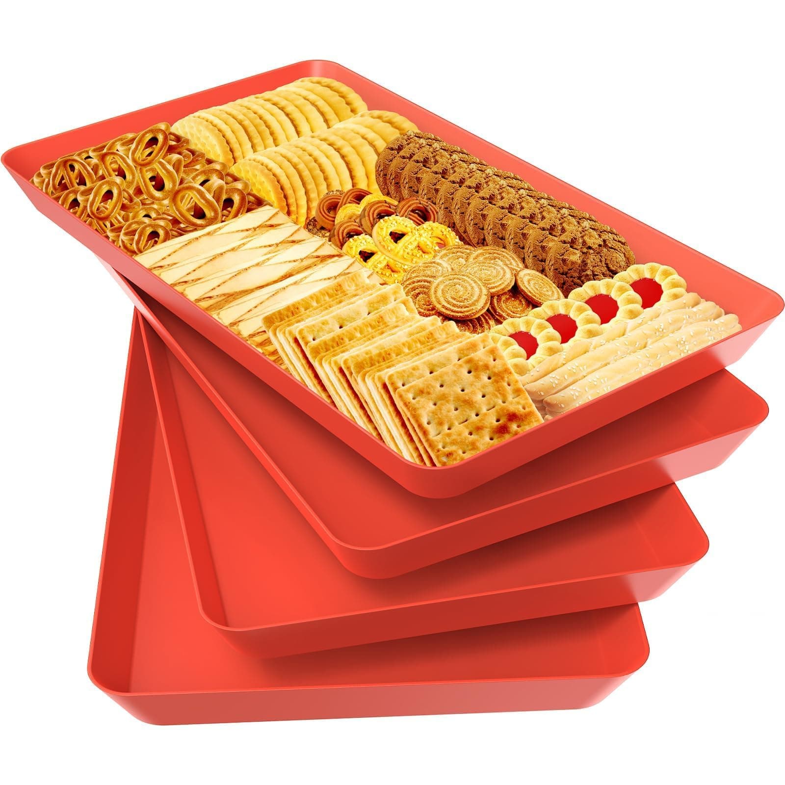 WOWBOX 4 pcs Serving Tray for Entertaining, Serving Platters for Snacks, Fruit, Cookies, Dessert, Reusable Plastic Trays for Serving Food and Pantry Organization in Kitchen & for Parties, (Red)