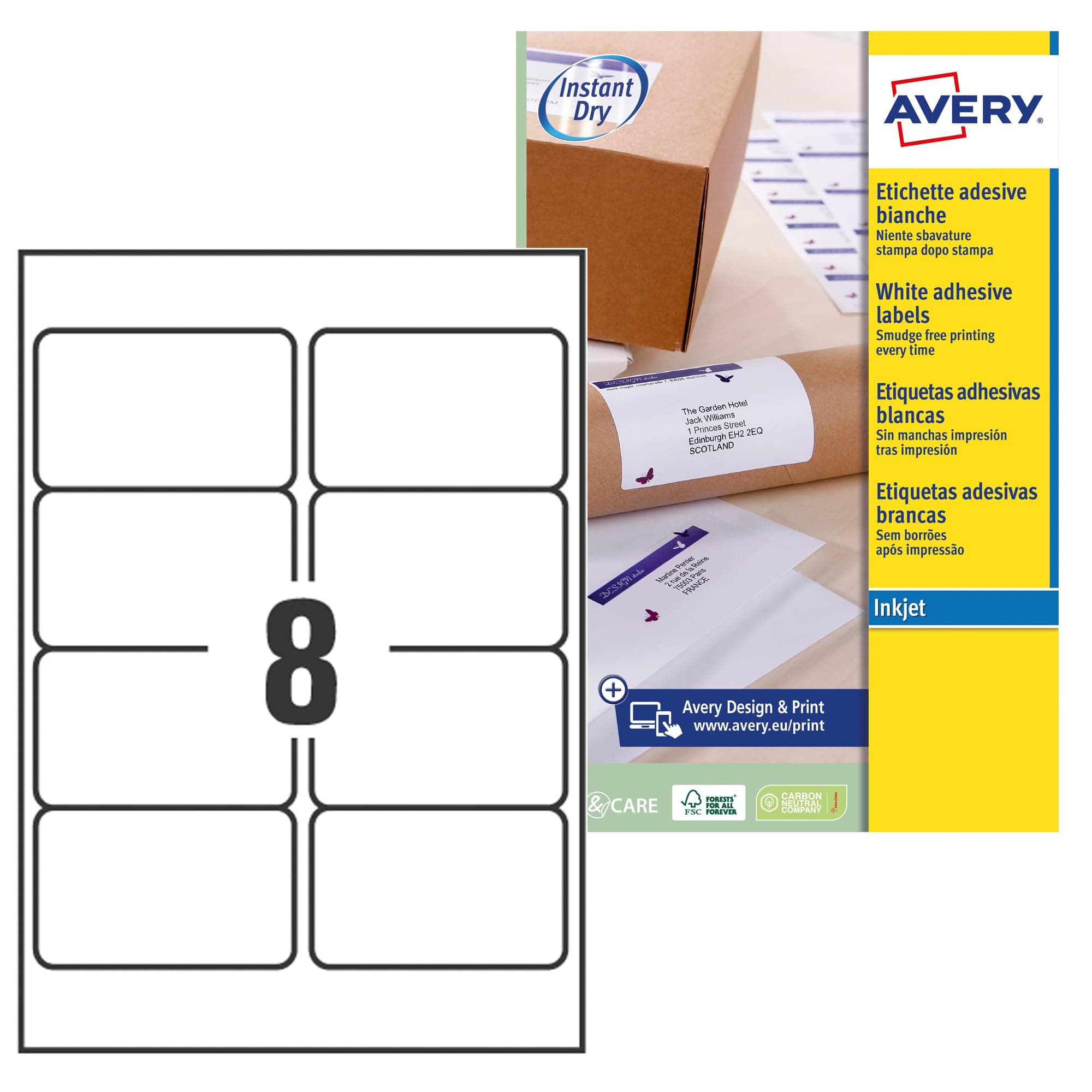 Avery Smudge Free, Printable, Multi Purpose Labels, QuickDRY, 99.1 x 67.7 mm, White, 8 Labels per sheet, 200 Blank labels per pack (J8165-25)