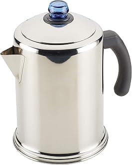 Classic Stainless Steel Coffee Percolator, 12 Cup, Silver with Glass Blue Knob, 7.28" D x 8.86" W x 10.83" H
