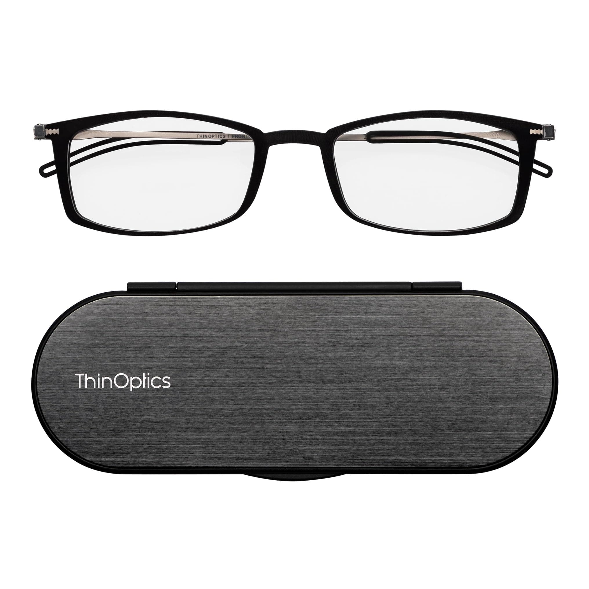 ThinOptics Reading Glasses 1.0 1.5 2.0 2.5 with Slim 4mm Magnetic Case - Ultra Light Spectacles with Rectangular Frame - Stylish Readers for Men & Women – Thin Design with Brushed Aluminium Case