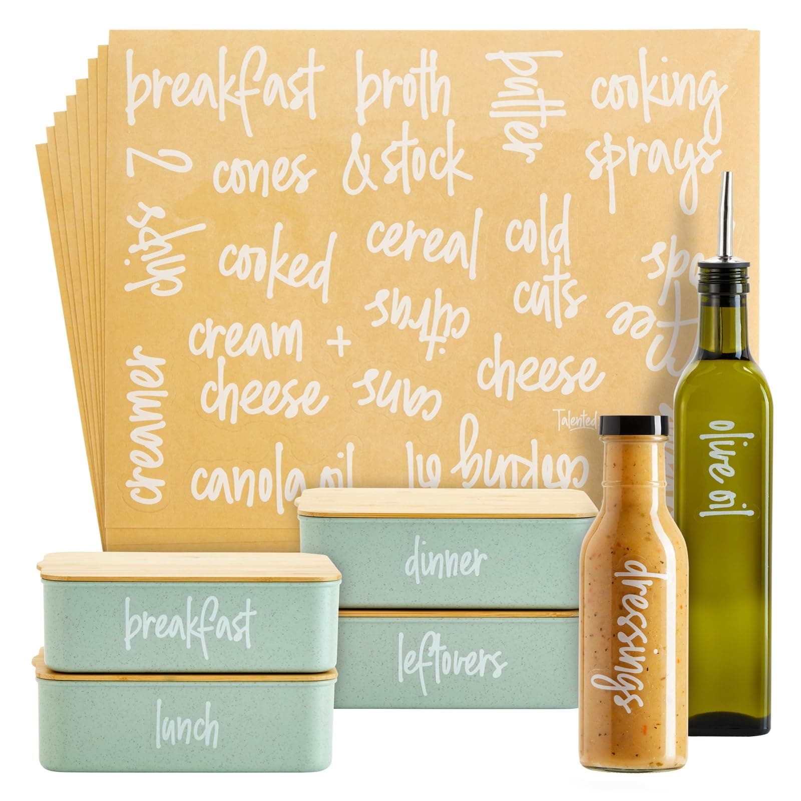 Talented Kitchen Labels for Storage Bins - 158 Count, White Script Vinyl - Removable Waterproof Labels for Food Containers & Pantry, Kitchen & Freezer Organization
