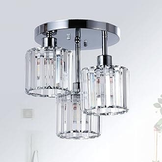Modern Crystal Chandeliers Ceiling Light, 3-Lights Crystal Ceiling Lights Living Room, Chrome Semi Flush Ceilings Light Fittings for Hallway, Bathroom, Bedroom, Foyer, Kitchen Light Fixture