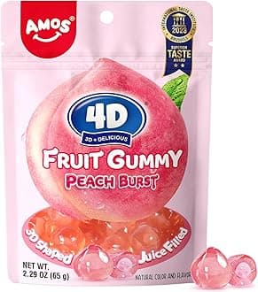 AMOS Gummy Candy 4D Fruit Gummies, Fruit Snacks, Juicy Burst, with Full Peach Juice, Candy Gifts for Mother's Day, 65g Bag (Pack of 6)