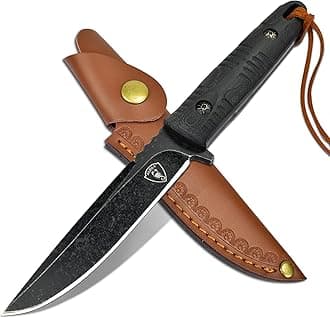 AUBEY Fixed Blade Hunting Knife, EDC Full Tang Knife with Leather Sheath for ...