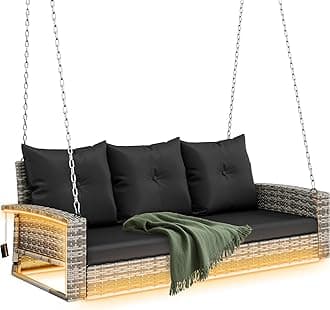 YITAHOME 3 Seats Patio Porch Swing, Outdoor Wicker Hanging Bench Rattan Chair Seat with LED Lights & Soft Cushions for Outside, Garden, Backyard, Lawn, Grey & Black