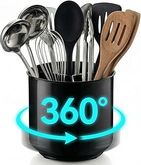 Jumbo Extra Large Sturdy Rotating Black Utensil Holder Caddy with No-Tip Weighted Base, and Gripped Insert - Rust Proof and Dishwasher Safe Kitchen Utensils Holder