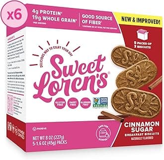 Sweet Loren's Vegan Breakfast Biscuits | Cinnamon Sugar | 4g Protein, 19g Whole Grains | Plant Based, Gluten Free, Dairy Free, Nut Free Snacks | 6 Pack (90 Total Biscuits, 1.6 ounce each)