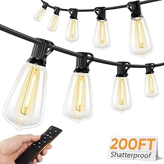 Brightever Outdoor String Lights with Remote, 200FT LED Patio Lights with 62 ST38 Shatterproof Vintage Bulbs, Dimmable String Lights for Outside, Waterproof IP65 Outdoor Lighting for Balcony, Camping