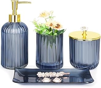 Haturi Bathroom Accessories Set, 4 Pcs Blue Glass Bathroom Accessories Sets Complete w/Lotion Soap Dispenser, Toothbrush Holder, Apothecary Jar, Vanity Tray, Bathroom Decor, Gift for Home Apartment