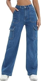 Women Cargo Jeans High Waist Y2K Straight Leg Trendy Stretchy Lightweight Jeans for Women