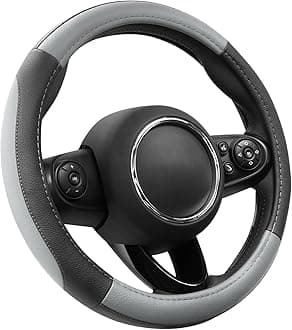 SEG Direct Car Steering Wheel Cover for Prius Civic Model 3 Model Y Camaro, Small Size 14-14.25 inch, Black and Gray Microfiber Leather