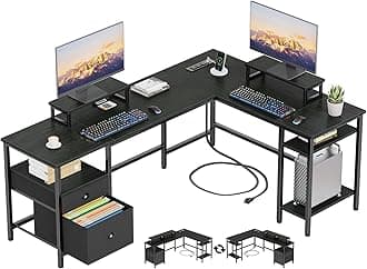 Furologee 66" L Shaped Desk, Reversible Computer Desk with Drawers, Large Corner Table with Memory Controller for Home Office,Black Oak