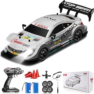 1/16 RC Drift Car, Remote Control Drift Cars for Adults, 4WD 2.4GHz RC Cars High Speed Racing Car Toys Silver with Lights Rechargeable Batteries Toy Car for Kids Boys