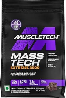 Masstech Extreme 2000 High Protein Food For Weight Gainer (30G Protein,1075 Kcal,1.5G Creatine&Added Vitamin&Minerals) Veg Mass Gainer-Triple Chocolate Brownie-5.44Kg,Powder