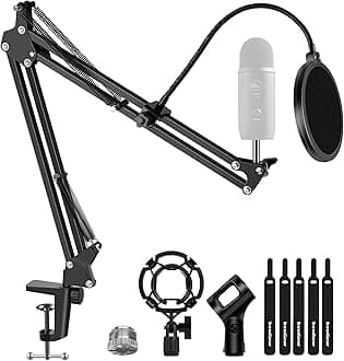 Microphone Stand Mic Boom Arm for Blue Yeti HyperX QuadCast S SoloCast Snowball Fifine K669B and other Mic, with Shock Mount Windscreen Pop Filter Mic Clip Holder Cable Ties, Large