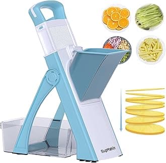 SupMaKin Safe Mandolin Slicer, Straight Vegetable Slicer, Potato Cutter, Julienne Slicer, Thickness Adjuster for Fast Meal Preparation, Light Blue