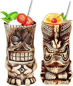 Tiki Mugs, Tiki Glasses Set, Cocktail Mugs, 2 Piece Cocktail Glasses Set, Tiki bar Accessories, Hawaii Party for Premium Tropical Cups Drinks for Exotic Party