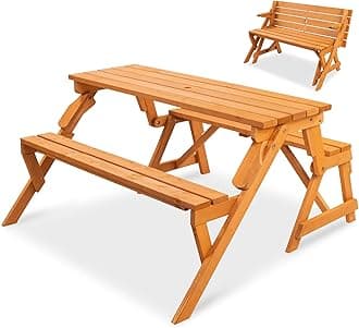 2-in-1 Transforming Interchangeable Outdoor Wooden Picnic Table Garden Bench for Backyard, Porch, Patio, Deck w/Umbrella Hole - Natural