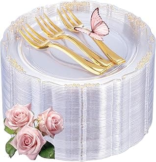 LIYH 200 Pcs Clear Gold Plastic Dessert Plates 7.5"and Cake Forks 5" - Clear Small Cake Plastic Plates and Gold Forks for Parties Wedding Birthday