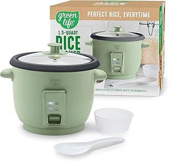 GreenLife Electric Rice Cooker, 3-Cups Uncooked/6-Cups Cooked, Removable PFAS-Free Nonstick Pot, One-Switch Design, Auto Keep Warm, Small Space Saving, Rice Paddle, Soup, Grains, Oatmeal, 1.5 QT